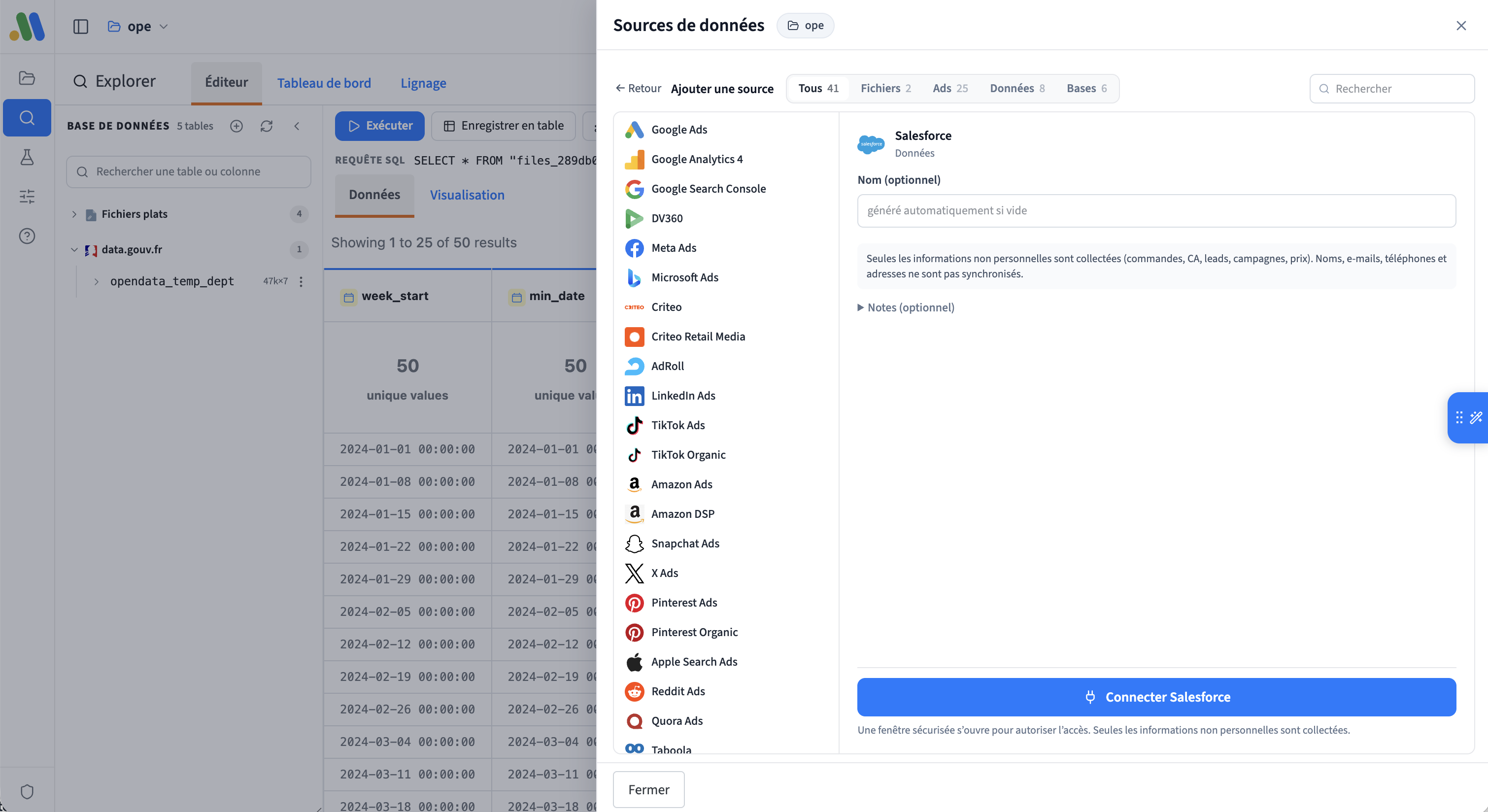 Catalogue de sources mcube : connexion Salesforce, pubs, fichiers et bases